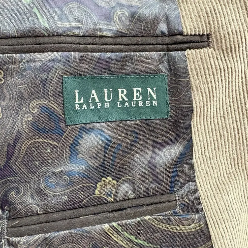 Lauren Ralph Lauren Men’s Tan Corduroy Blazer 46R Elbow Patches Paisley Lining - Picture 11 of 14